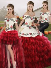 Fantastic Sleeveless Floor Length Embroidery and Ruffled Layers Lace Up Vestidos de Quinceanera with Wine Red