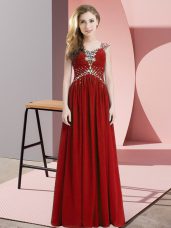 Eye-catching Red Empire Straps Cap Sleeves Chiffon Floor Length Side Zipper Beading Evening Wear