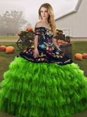 Edgy Ball Gowns 15 Quinceanera Dress Green Off The Shoulder Organza Sleeveless Floor Length Lace Up