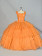 Extravagant Organza Straps Sleeveless Lace Up Beading and Ruffled Layers and Ruching 15th Birthday Dress in Orange