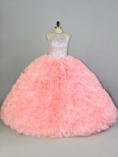 Enchanting Peach Sleeveless Beading and Ruffles Lace Up Ball Gown Prom Dress