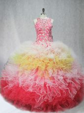 Beading and Ruffles 15 Quinceanera Dress Multi-color Zipper Sleeveless Floor Length