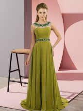 Edgy Sleeveless Beading Zipper Celeb Inspired Gowns with Olive Green Brush Train