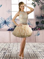 Champagne Two Pieces Beading and Ruffles Homecoming Dress Online Clasp Handle Tulle Sleeveless Mini Length