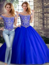 Superior Royal Blue Two Pieces Tulle Off The Shoulder Sleeveless Beading Lace Up Vestidos de Quinceanera Brush Train