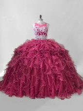 Custom Made Wine Red Zipper Quinceanera Gown Beading and Ruffles Sleeveless Brush Train