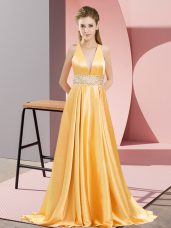 Exquisite Gold V-neck Neckline Beading Prom Party Dress Sleeveless Backless