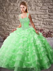 Green Sleeveless Beading and Ruffled Layers Lace Up Quinceanera Gowns