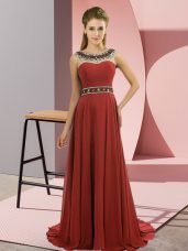 Scoop Sleeveless Chiffon Prom Evening Gown Beading Brush Train Zipper