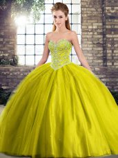 Olive Green Lace Up Quinceanera Dresses Beading Sleeveless Brush Train