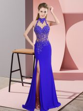 Sleeveless Floor Length Lace and Appliques Backless Dress for Prom with Royal Blue