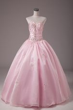 Elegant Baby Pink Lace Up Strapless Beading and Embroidery Sweet 16 Dress Organza Sleeveless