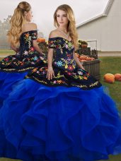 Flare Blue And Black Lace Up Off The Shoulder Embroidery and Ruffles Sweet 16 Dresses Tulle Sleeveless