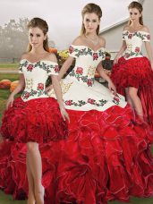 White And Red Off The Shoulder Neckline Embroidery and Ruffles Quince Ball Gowns Sleeveless Lace Up