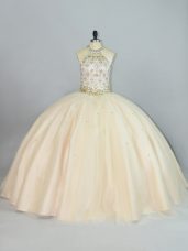 Fashion Floor Length Ball Gowns Sleeveless Champagne Quinceanera Gown Lace Up