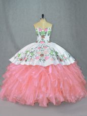 Dramatic Sleeveless Organza Floor Length Lace Up Sweet 16 Dresses in Pink with Embroidery and Ruffles