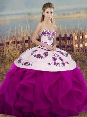 Fuchsia Tulle Lace Up Sweet 16 Dresses Sleeveless Floor Length Embroidery and Ruffles and Bowknot