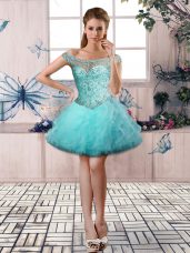 Exceptional Aqua Blue Custom Made Prom and Party with Beading and Ruffles Off The Shoulder Sleeveless Lace Up