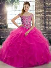 Low Price Fuchsia Ball Gowns Beading and Ruffles Quinceanera Dress Lace Up Tulle Sleeveless