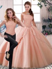 Cute Peach Two Pieces Beading Vestidos de Quinceanera Lace Up Tulle Sleeveless