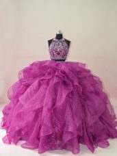 Fuchsia Scoop Neckline Beading and Ruffles Quinceanera Dress Sleeveless Backless