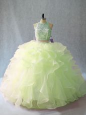 Spectacular Brush Train Ball Gowns Quince Ball Gowns Yellow Green Halter Top Organza Sleeveless Backless