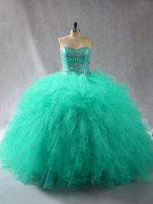 Top Selling Turquoise Tulle Lace Up Vestidos de Quinceanera Sleeveless Floor Length Beading and Ruffles