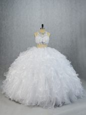 Captivating White Scoop Neckline Beading and Ruffles Quinceanera Gown Sleeveless Lace Up