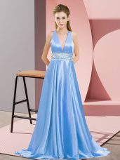 Smart Elastic Woven Satin V-neck Sleeveless Brush Train Backless Beading Prom Dress in Baby Blue