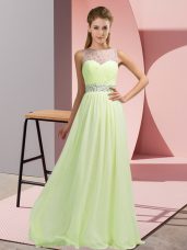 Perfect Yellow Green Empire Scoop Sleeveless Chiffon Floor Length Backless Beading Going Out Dresses