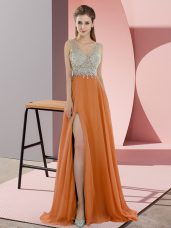 Pretty Orange Chiffon Sweep Train Sleeveless Beading