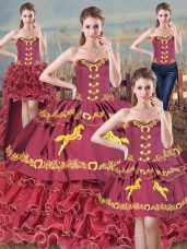 Burgundy Satin and Organza Lace Up Sweetheart Sleeveless Ball Gown Prom Dress Brush Train Embroidery and Ruffles