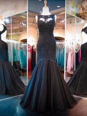 Black Mermaid Lace Pageant Dresses Backless Tulle Sleeveless Floor Length