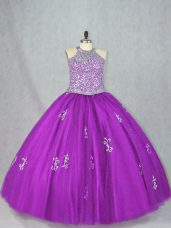 Halter Top Sleeveless Sweet 16 Dresses Floor Length Beading and Appliques Purple Tulle