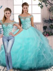 Most Popular Floor Length Aqua Blue Sweet 16 Dresses Off The Shoulder Sleeveless Lace Up