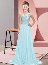 Shining Light Blue One Shoulder Side Zipper Beading Homecoming Dress Sleeveless