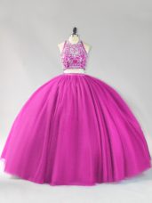 Halter Top Sleeveless Quinceanera Gown Floor Length Beading Fuchsia Tulle