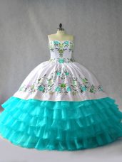 Floor Length Blue And White Quince Ball Gowns Sweetheart Sleeveless Lace Up