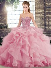 Sleeveless Brush Train Lace Up Beading and Ruffles 15th Birthday Dress