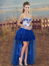 Fantastic Royal Blue Pageant Dresses Prom and Party with Embroidery and Ruffled Layers Sweetheart Sleeveless Lace Up