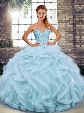 Light Blue Sleeveless Beading and Ruffles Floor Length Quince Ball Gowns