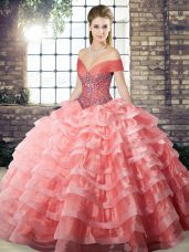 Watermelon Red Sleeveless Brush Train Beading and Ruffled Layers 15th Birthday Dress