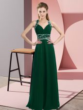 Glorious Dark Green Backless Prom Evening Gown Beading Sleeveless Floor Length