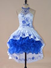 Luxurious Royal Blue Sleeveless Embroidery and Ruffles High Low Prom Gown