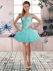 Affordable A-line Cocktail Dresses Aqua Blue Off The Shoulder Tulle Sleeveless Mini Length Lace Up