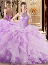 Lilac Organza Lace Up Halter Top Sleeveless Ball Gown Prom Dress Brush Train Beading and Ruffles