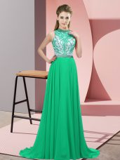 Turquoise Chiffon Backless Winning Pageant Gowns Sleeveless Brush Train Beading