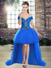 Dynamic Off The Shoulder Sleeveless Prom Dress High Low Beading Blue Tulle