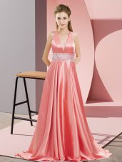 Customized V-neck Sleeveless Pageant Gowns Brush Train Beading Watermelon Red Elastic Woven Satin