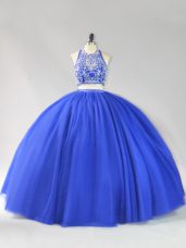 Royal Blue Tulle Backless Sweet 16 Quinceanera Dress Sleeveless Floor Length Beading